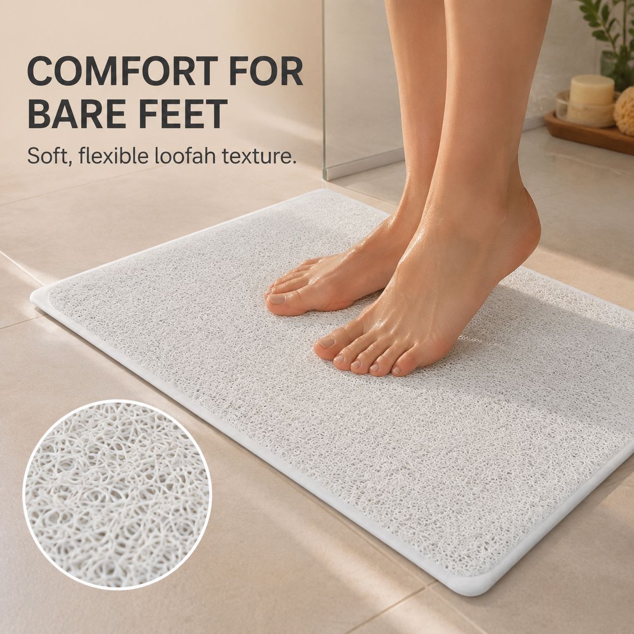 2 Pack Non-Slip Loofah Shower Mats 75x44cm Bathroom Bath Mat Machine Washable with Suction Caps Quick Drain