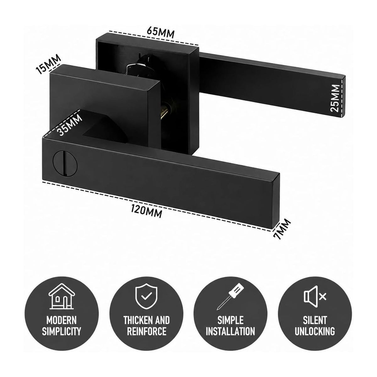Matte Black Privacy Door Lever Handle with Keys, Heavy Duty Interior Door Lockset, Adjustable 60/70mm Backset, Reversible for Bedroom Bathroom Home Office