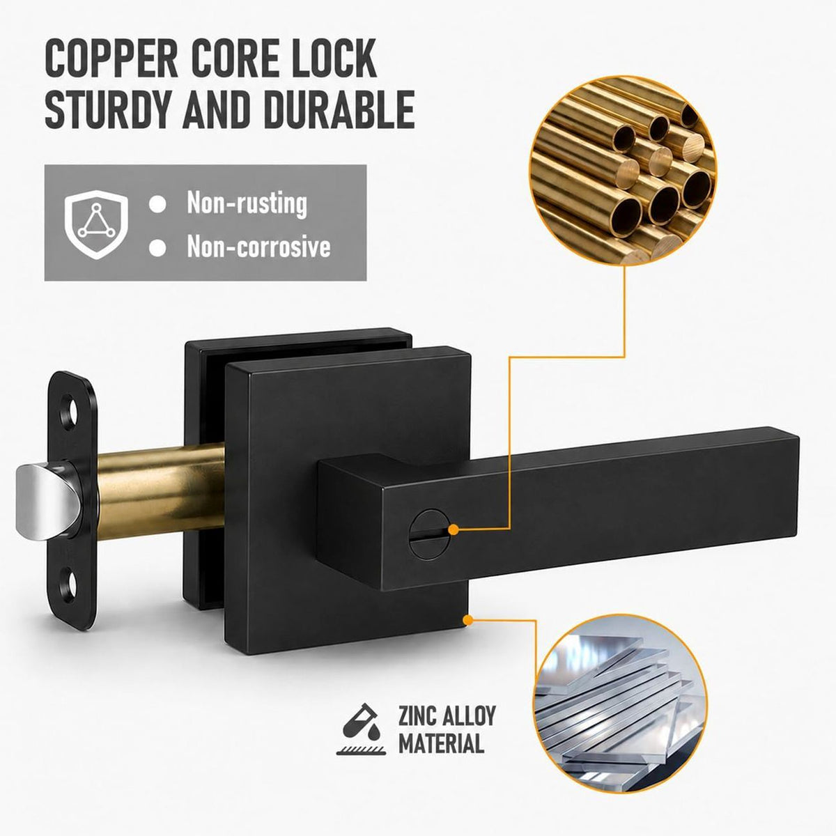 Matte Black Privacy Door Lever Handles with Keys, 2 Pack Heavy Duty Interior Door Lockset, Adjustable 60/70mm Backset, Reversible for Bedroom Bathroom Home Office