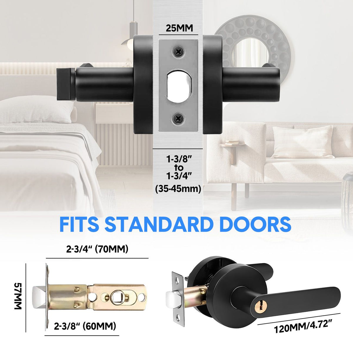 2 Pack Privacy Door Lever Handle with Key, Heavy Duty Interior Door Lock, Round Design, Matte Black