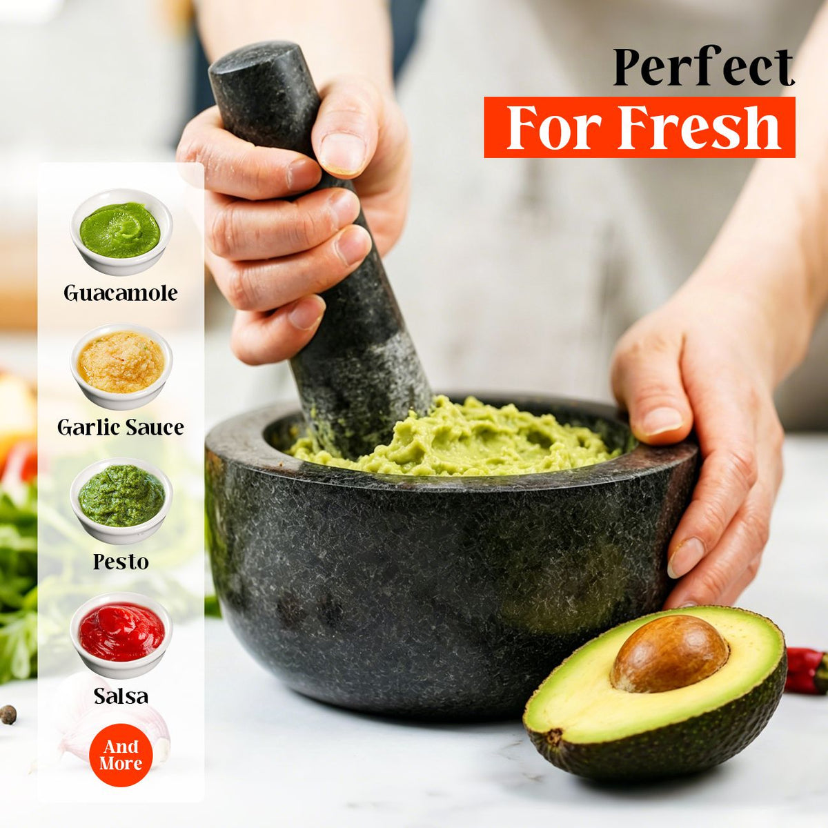 Granite Mortar and Pestle Set, 450ml Heavy Duty Stone Grinder Bowl with 17.5cm Pestle, Black, Manual Spice Grinder for Guacamole, Salsa, Pesto, Herbs, Spices, Nuts & Seeds