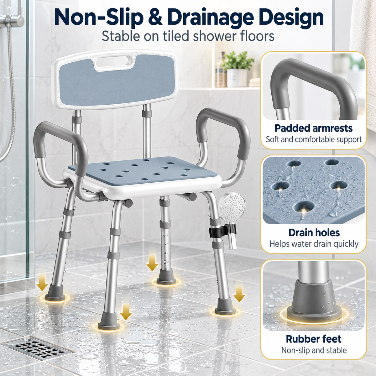 Height Adjustable Shower Chair with Arms & Back, Aluminium Bathroom Seat, 136kg Capacity