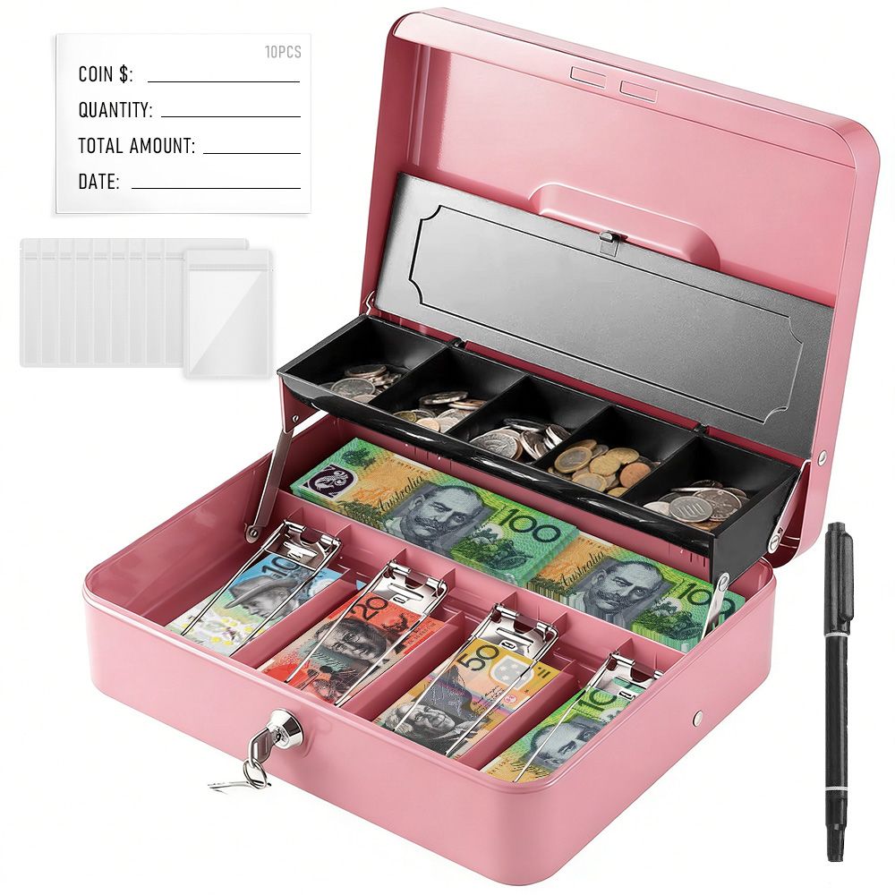 Lockable Cash Box with Coin Tray – Durable Metal Money Box with Key Lock for Bills & Change-PINK