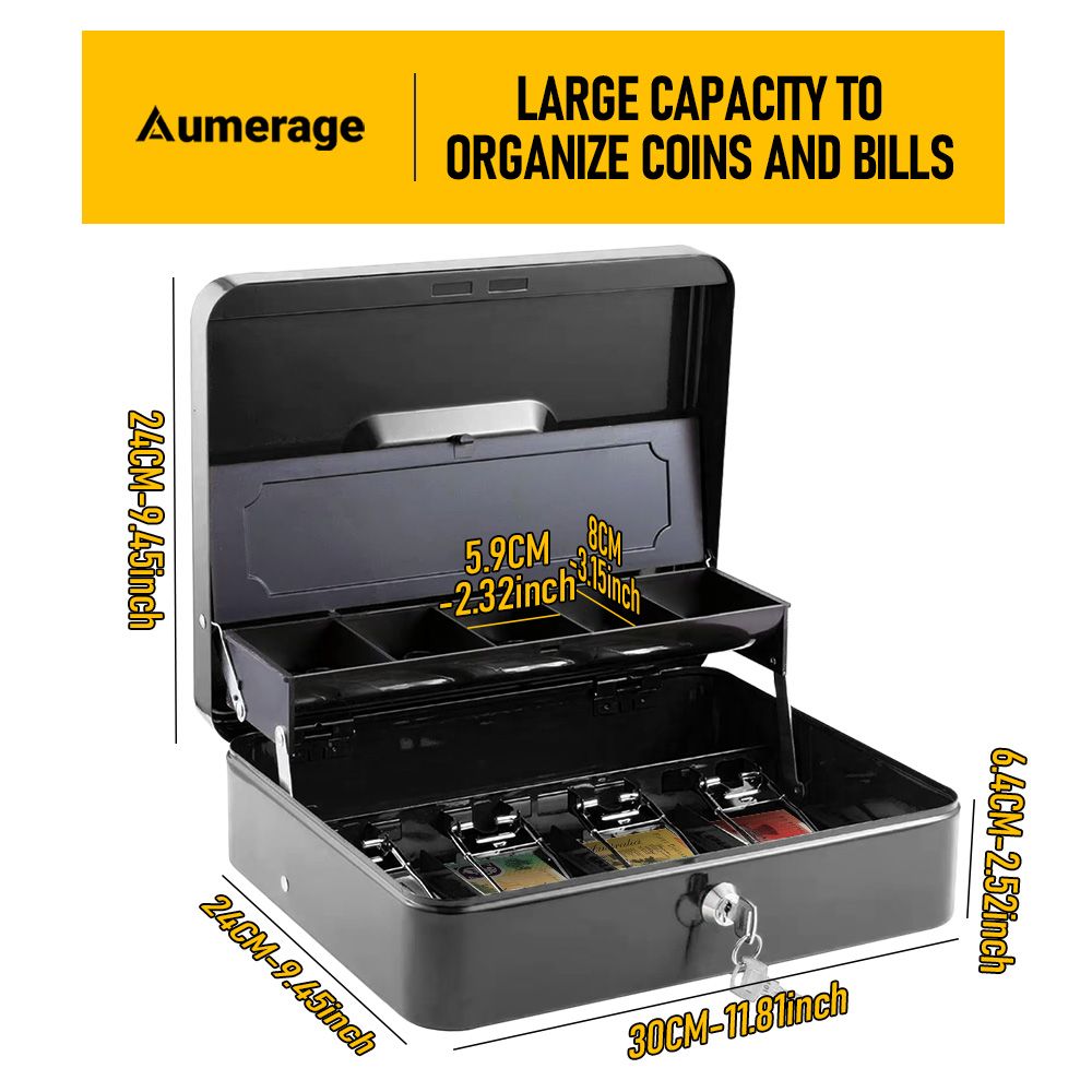 Lockable Cash Box with Coin Tray – Durable Metal Money Box with Key Lock for Bills & Change-PINK