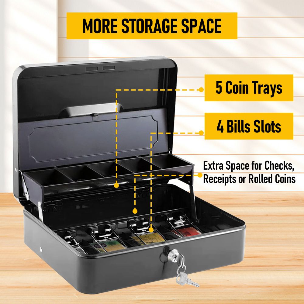 Lockable Cash Box with Coin Tray – Durable Metal Money Box with Key Lock for Bills & Change-PINK
