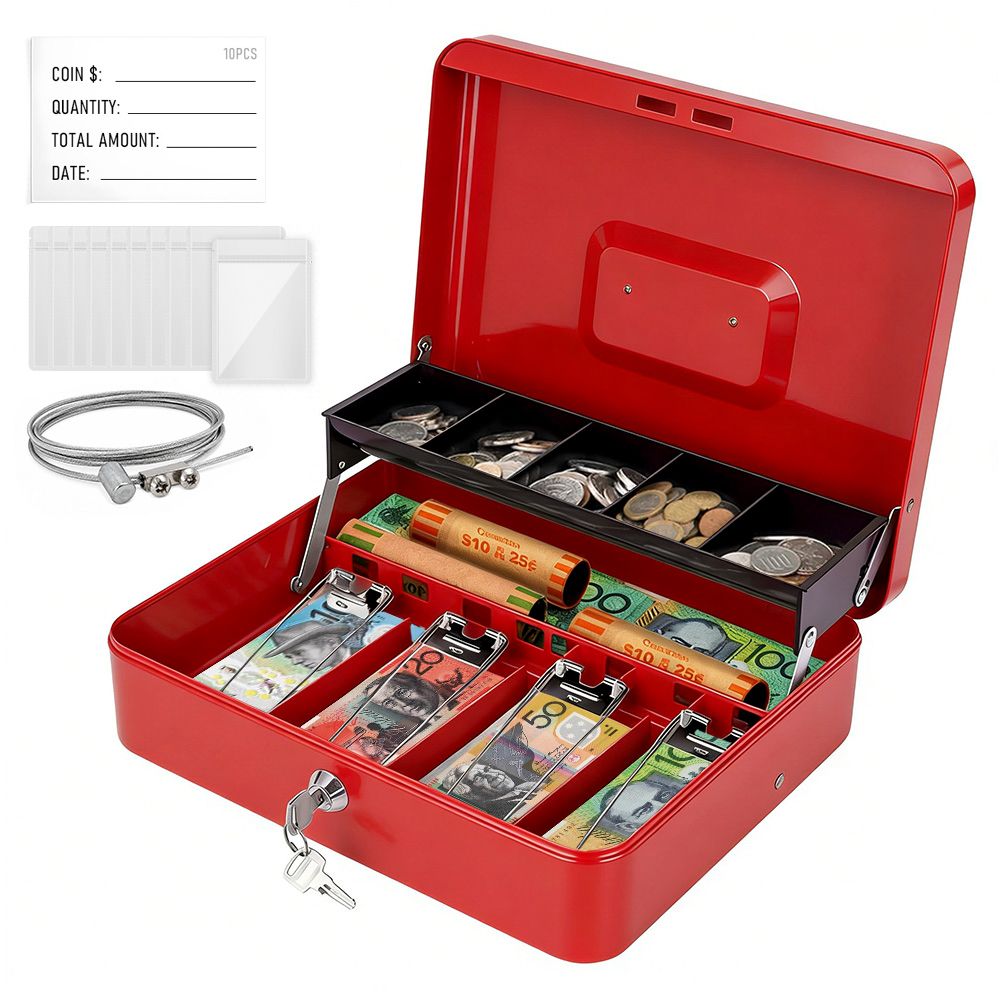 Lockable Metal Cash Box with 2 Keys, 4 Bill & 5 Coin Tray, Security Money Box with Anti-Loss Rope