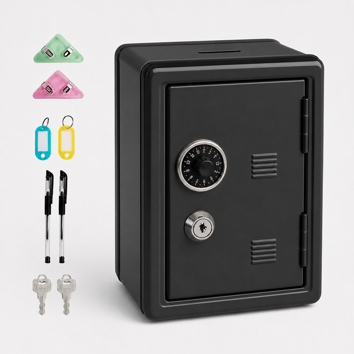 Lockable Metal Money Box, Cash & Coin Storage Box with Key Lock, Compact Piggy Bank for For Kids & Adults, Office & Small Valuables-Black
