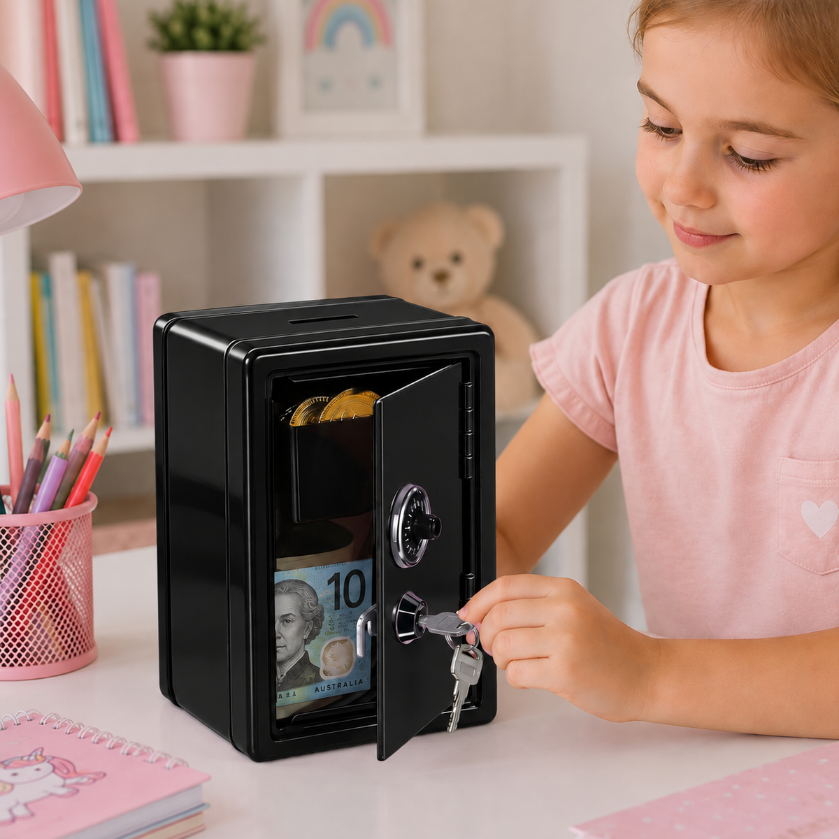 Lockable Metal Money Box, Cash & Coin Storage Box with Key Lock, Compact Piggy Bank for For Kids & Adults, Office & Small Valuables-Black