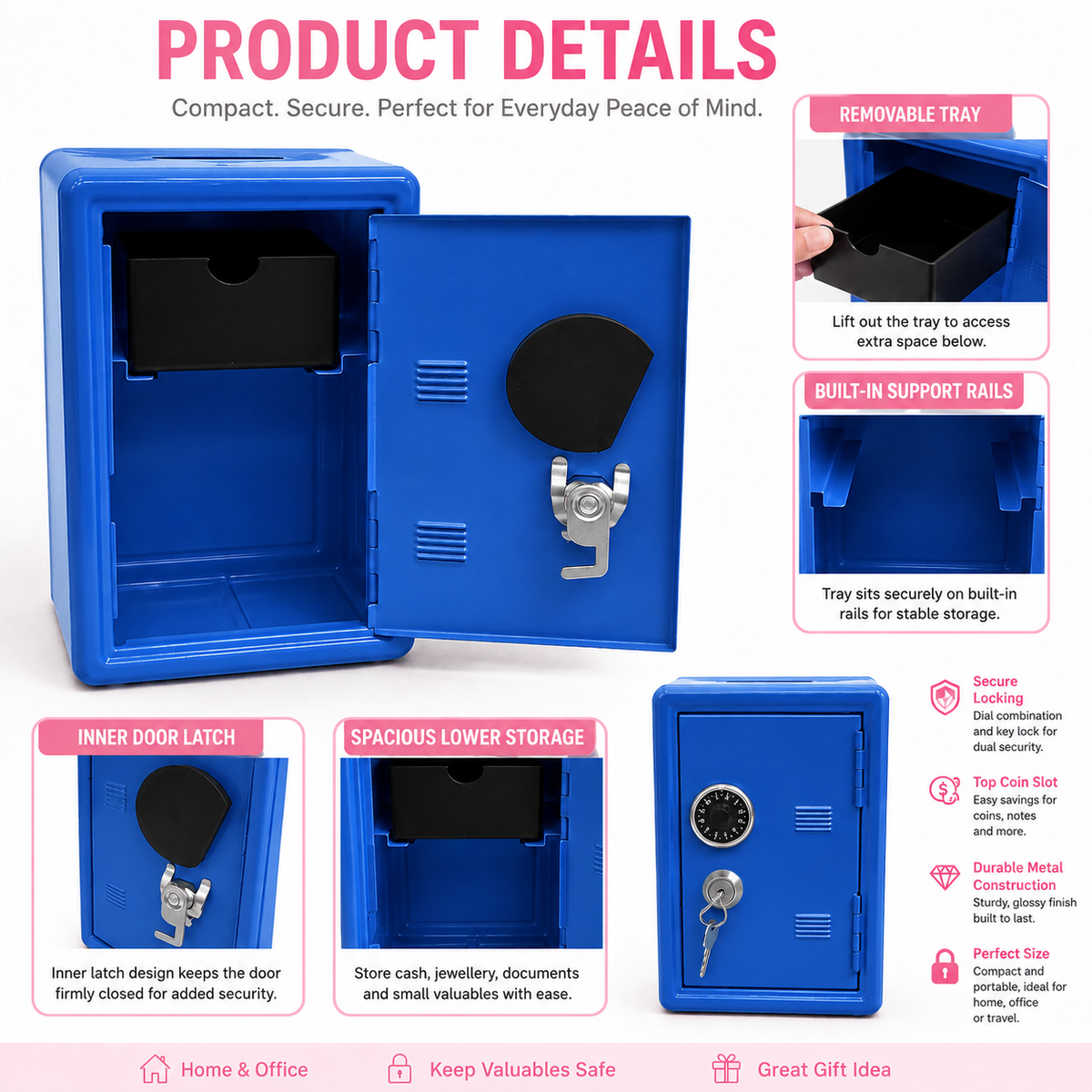 Lockable Metal Money Box, Cash & Coin Storage Box with Key Lock, Compact Piggy Bank for For Kids & Adults, Office & Small Valuables-Blue