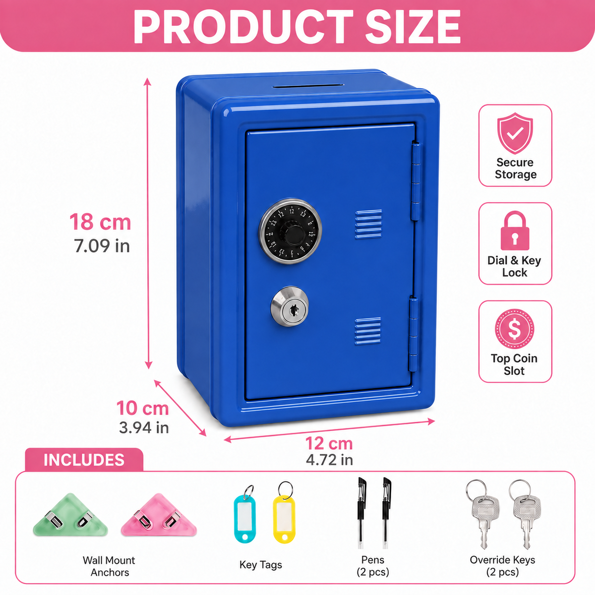 Lockable Metal Money Box, Cash & Coin Storage Box with Key Lock, Compact Piggy Bank for For Kids & Adults, Office & Small Valuables-Blue