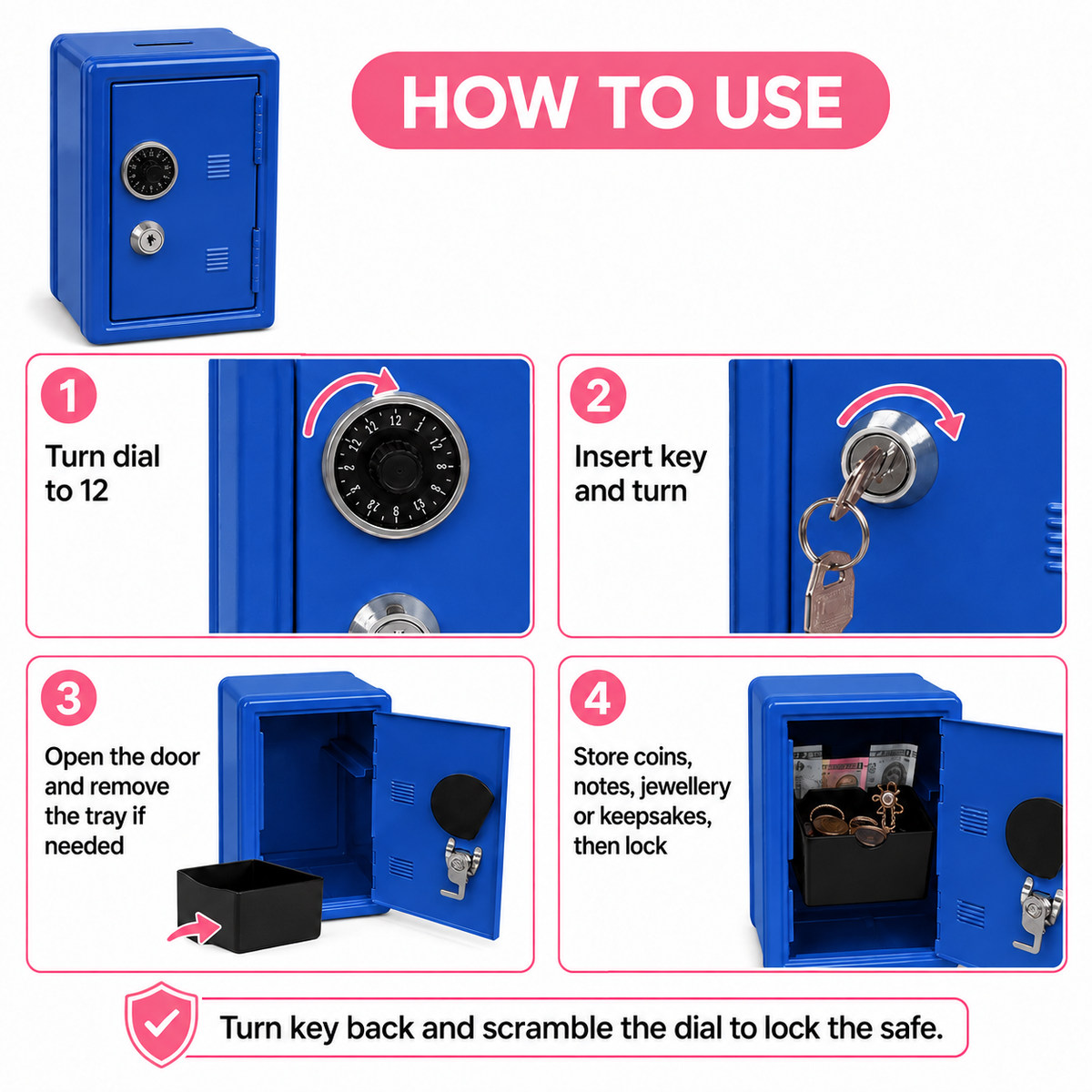 Lockable Metal Money Box, Cash & Coin Storage Box with Key Lock, Compact Piggy Bank for For Kids & Adults, Office & Small Valuables-Blue
