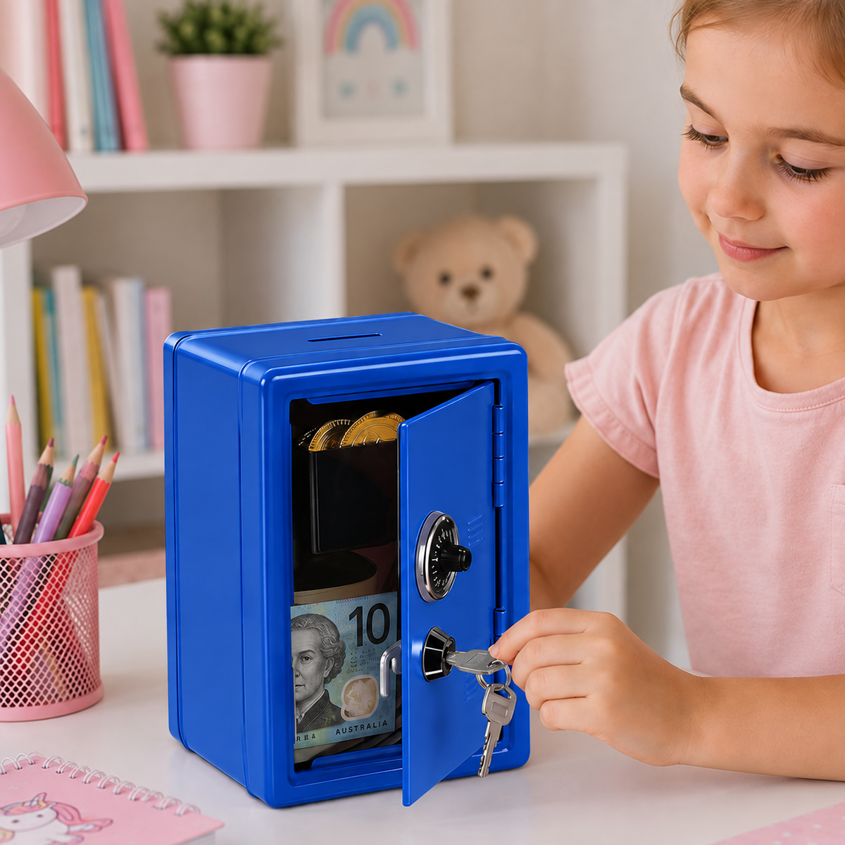 Lockable Metal Money Box, Cash & Coin Storage Box with Key Lock, Compact Piggy Bank for For Kids & Adults, Office & Small Valuables-Blue