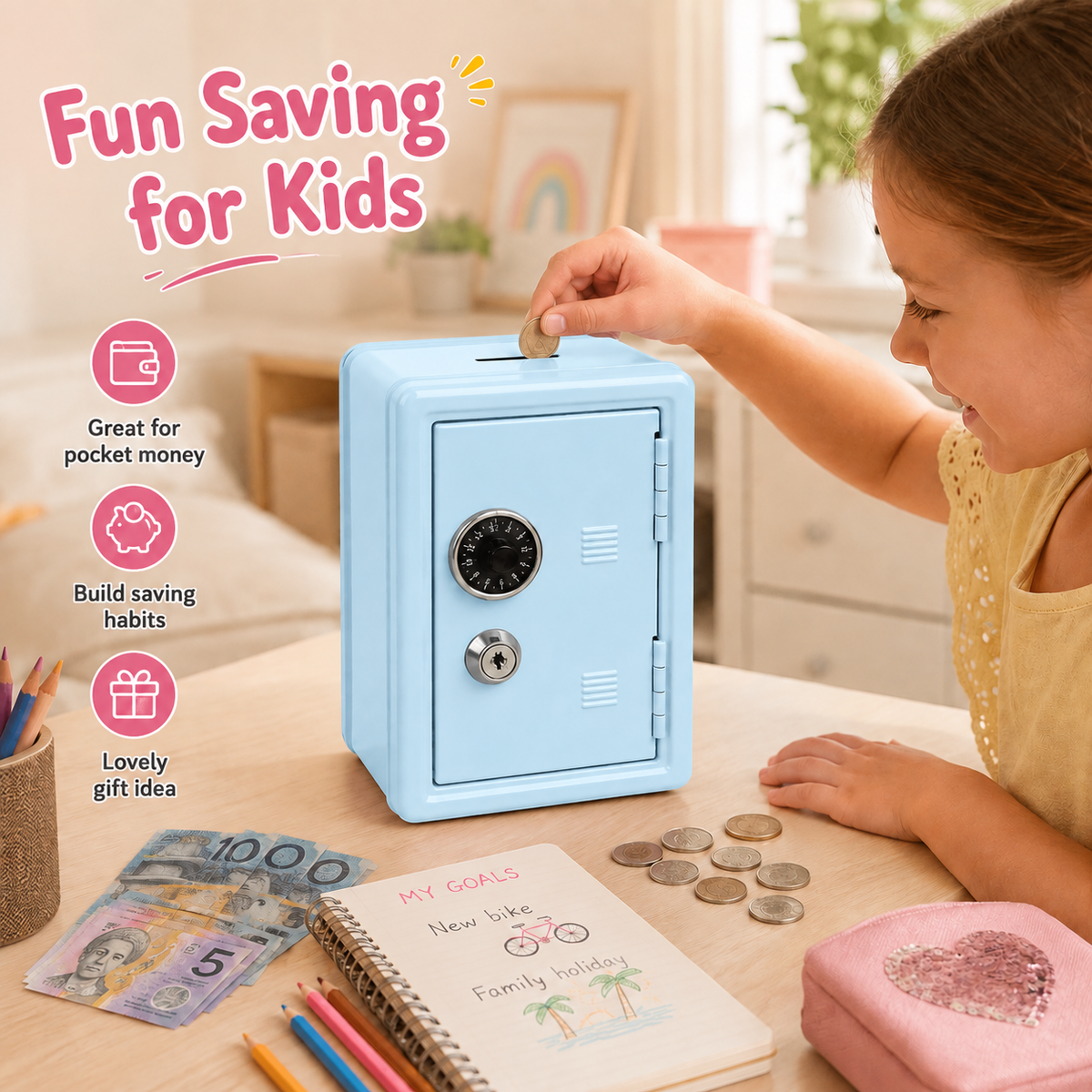 Lockable Metal Money Box, Cash & Coin Storage Box with Key Lock, Compact Piggy Bank for For Kids & Adults, Office & Small Valuables-Light Blue