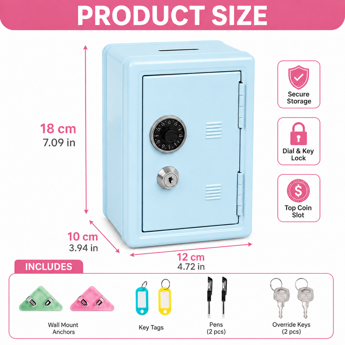 Lockable Metal Money Box, Cash & Coin Storage Box with Key Lock, Compact Piggy Bank for For Kids & Adults, Office & Small Valuables-Light Blue