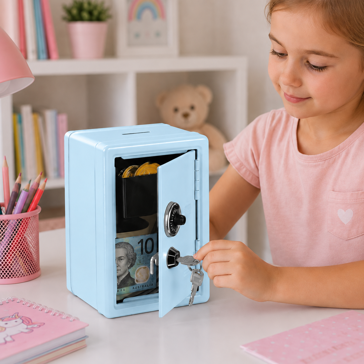 Lockable Metal Money Box, Cash & Coin Storage Box with Key Lock, Compact Piggy Bank for For Kids & Adults, Office & Small Valuables-Light Blue