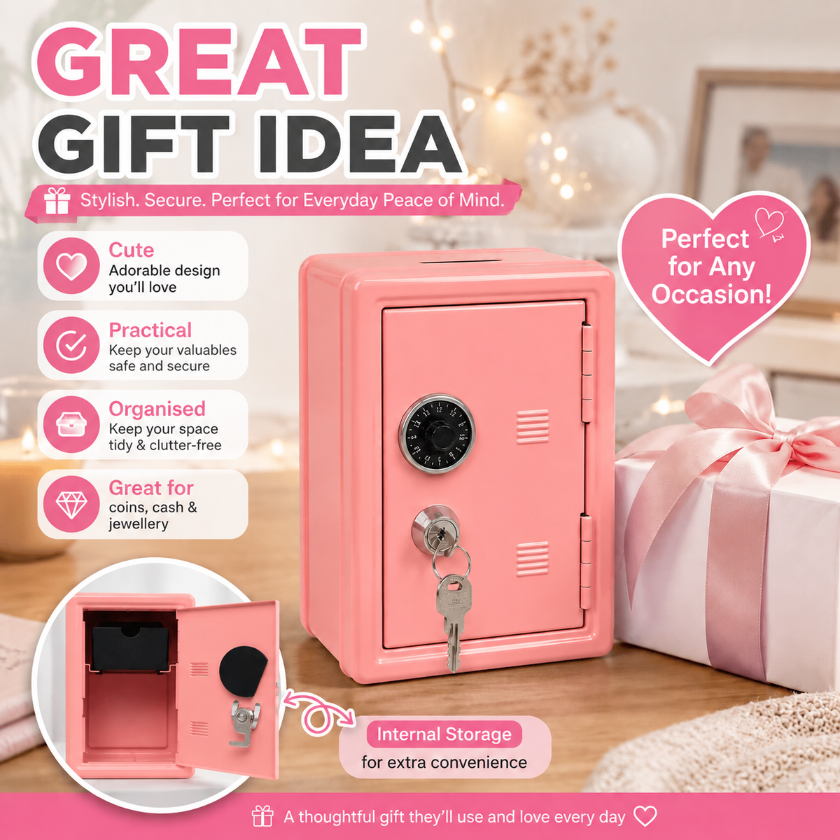 Lockable Metal Money Box, Cash & Coin Storage Box with Key Lock, Compact Piggy Bank for For Kids & Adults, Office & Small Valuables-coral pink