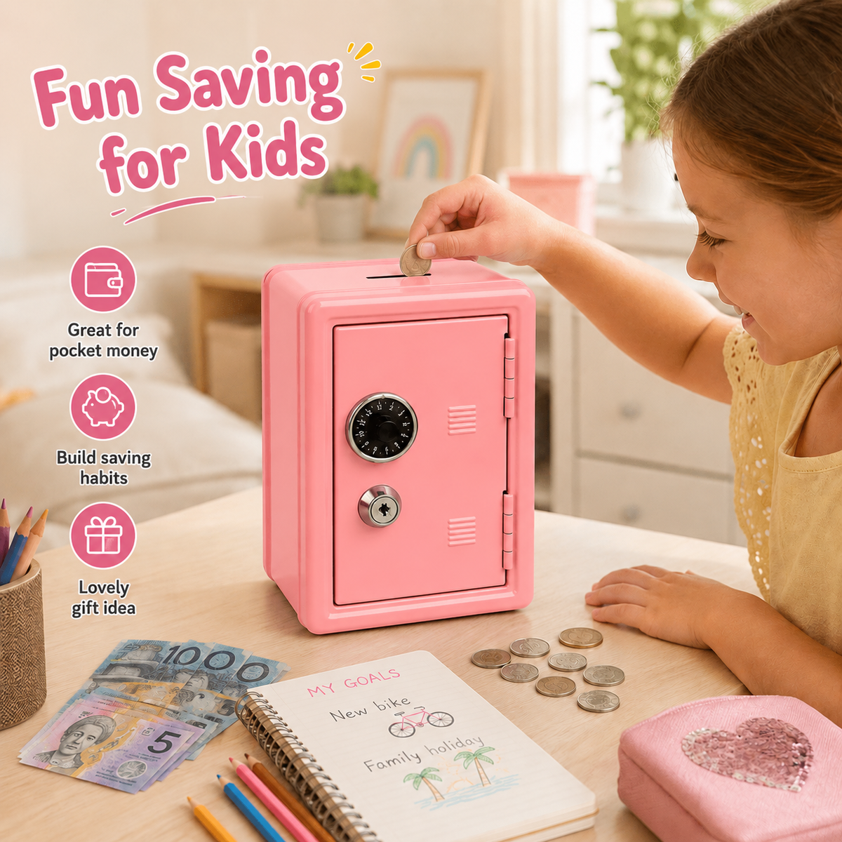 Lockable Metal Money Box, Cash & Coin Storage Box with Key Lock, Compact Piggy Bank for For Kids & Adults, Office & Small Valuables-coral pink