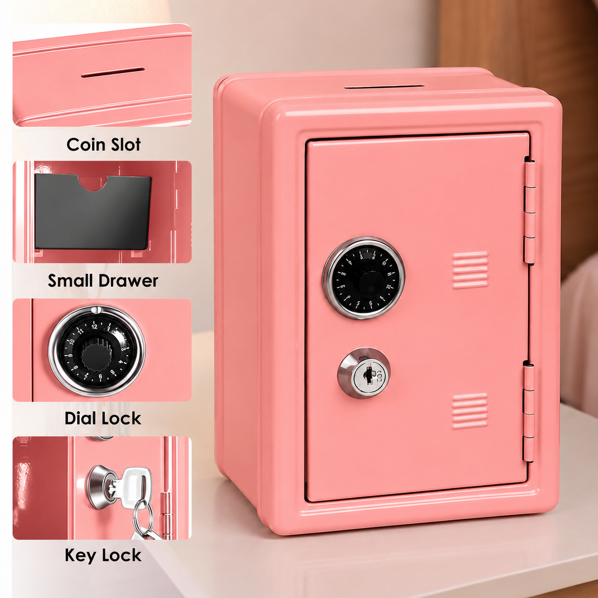 Lockable Metal Money Box, Cash & Coin Storage Box with Key Lock, Compact Piggy Bank for For Kids & Adults, Office & Small Valuables-coral pink