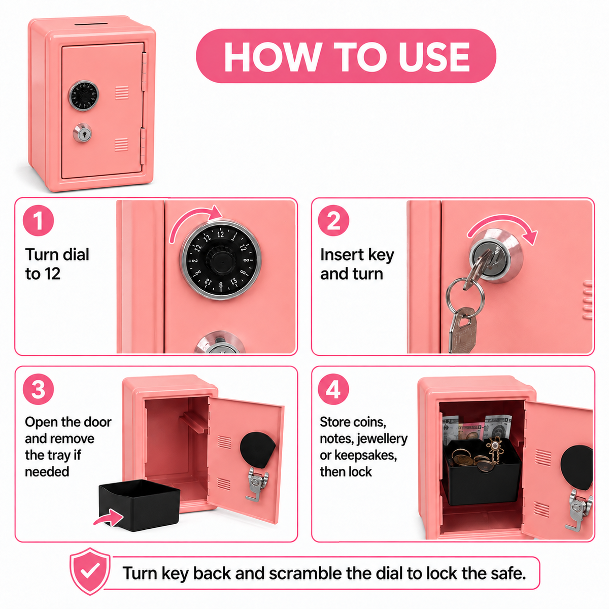 Lockable Metal Money Box, Cash & Coin Storage Box with Key Lock, Compact Piggy Bank for For Kids & Adults, Office & Small Valuables-coral pink