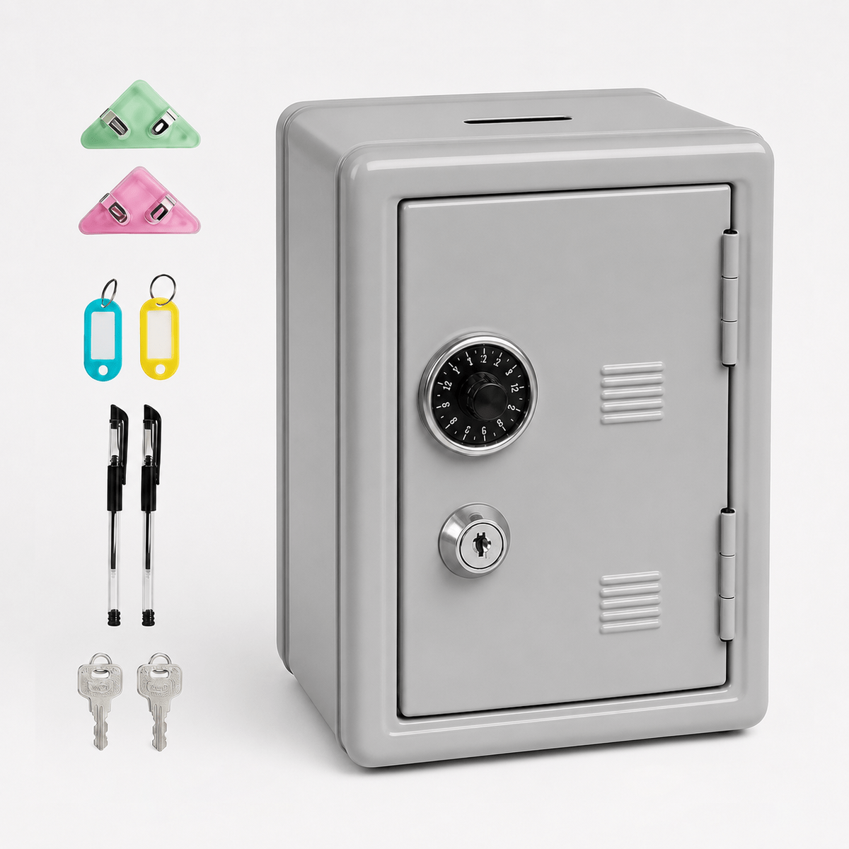 Lockable Metal Money Box, Cash & Coin Storage Box with Key Lock, Compact Piggy Bank for For Kids & Adults, Office & Small Valuables-Grey