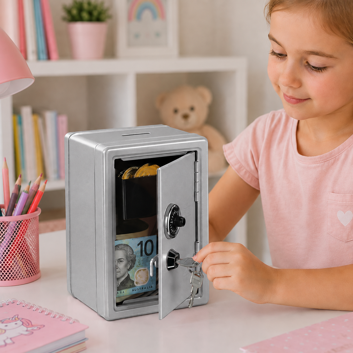 Lockable Metal Money Box, Cash & Coin Storage Box with Key Lock, Compact Piggy Bank for For Kids & Adults, Office & Small Valuables-Grey