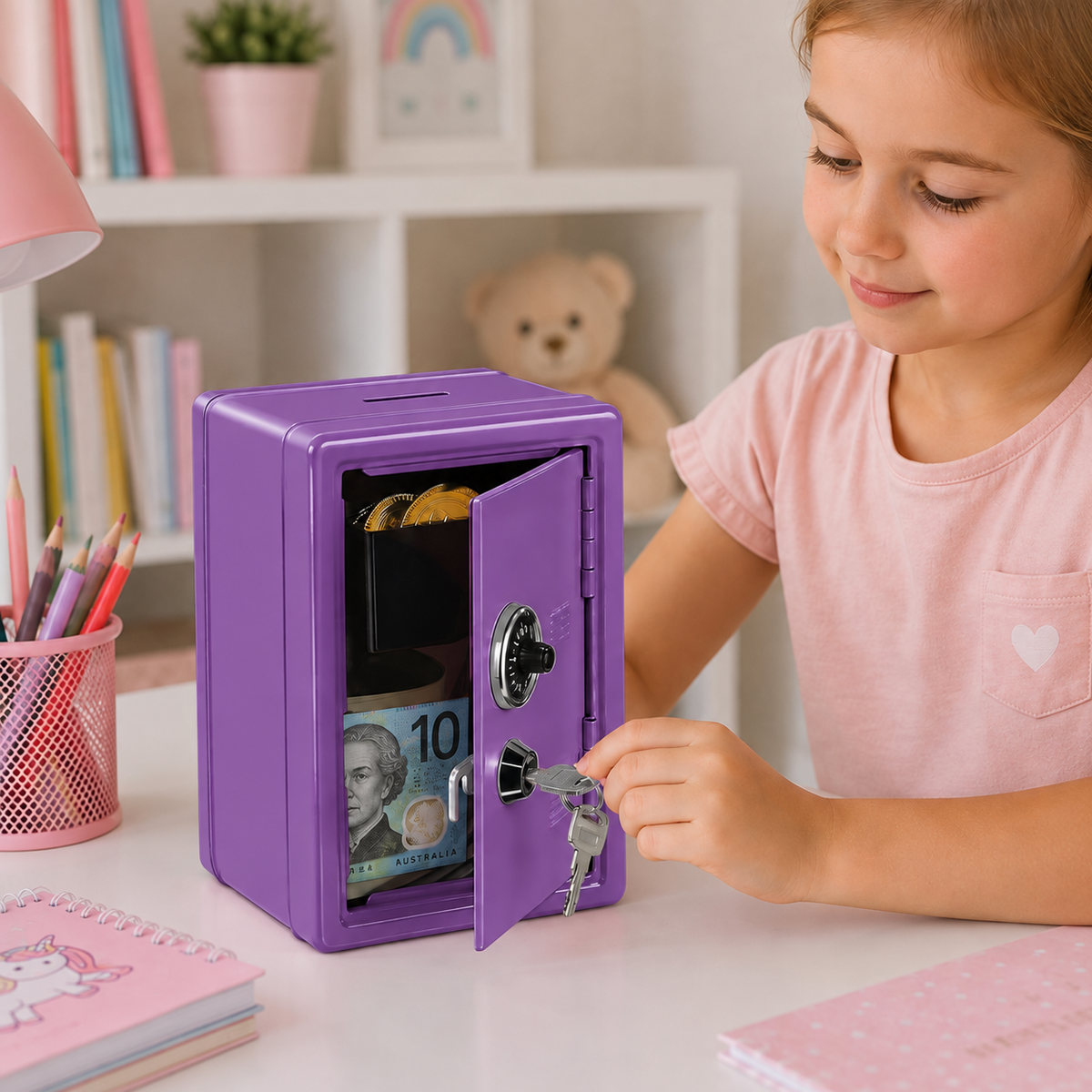 Lockable Metal Money Box, Cash & Coin Storage Box with Key Lock, Compact Piggy Bank for For Kids & Adults, Office & Small Valuables-Purple