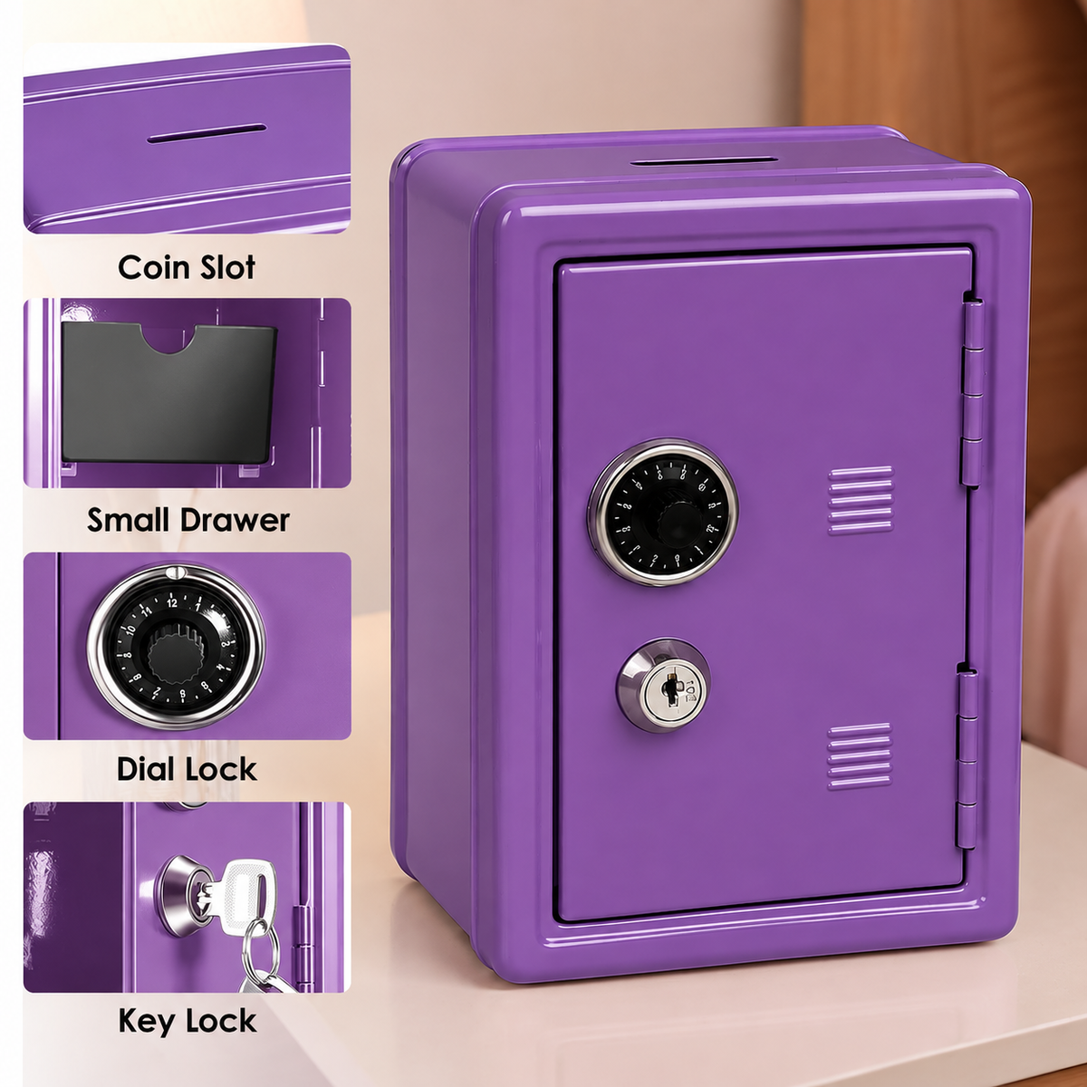 Lockable Metal Money Box, Cash & Coin Storage Box with Key Lock, Compact Piggy Bank for For Kids & Adults, Office & Small Valuables-Purple