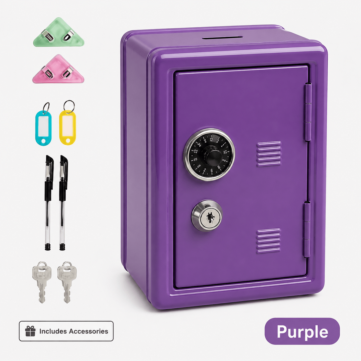 Lockable Metal Money Box, Cash & Coin Storage Box with Key Lock, Compact Piggy Bank for For Kids & Adults, Office & Small Valuables-Purple