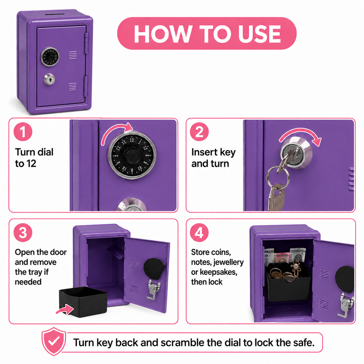 Lockable Metal Money Box, Cash & Coin Storage Box with Key Lock, Compact Piggy Bank for For Kids & Adults, Office & Small Valuables-Purple