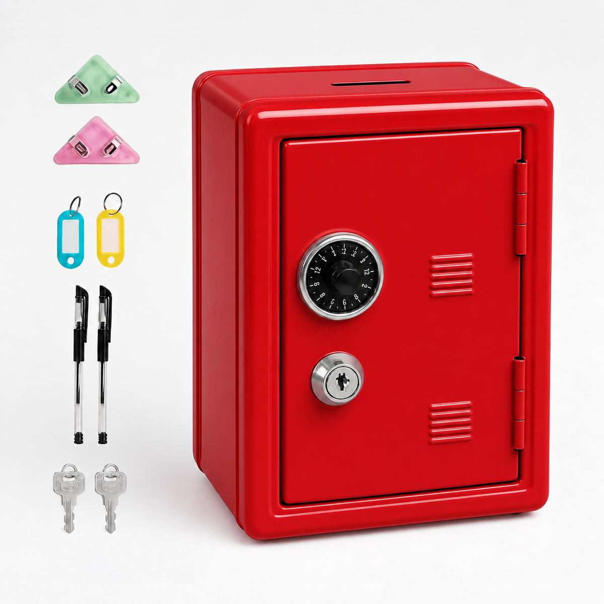 Lockable Metal Money Box, Cash & Coin Storage Box with Key Lock, Compact Piggy Bank for For Kids & Adults, Office & Small Valuables-Red