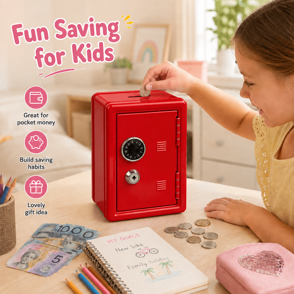 Lockable Metal Money Box, Cash & Coin Storage Box with Key Lock, Compact Piggy Bank for For Kids & Adults, Office & Small Valuables-Red