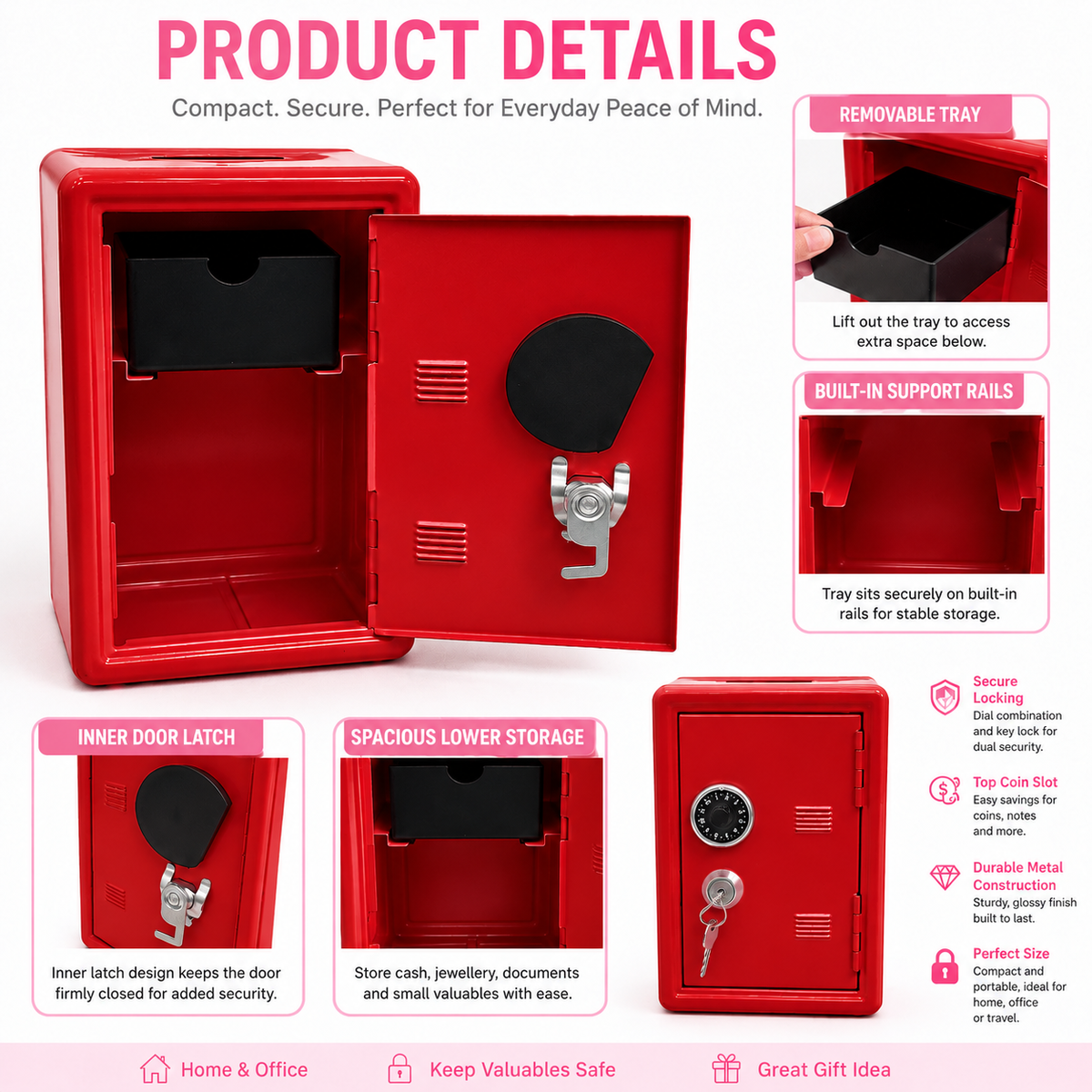 Lockable Metal Money Box, Cash & Coin Storage Box with Key Lock, Compact Piggy Bank for For Kids & Adults, Office & Small Valuables-Red