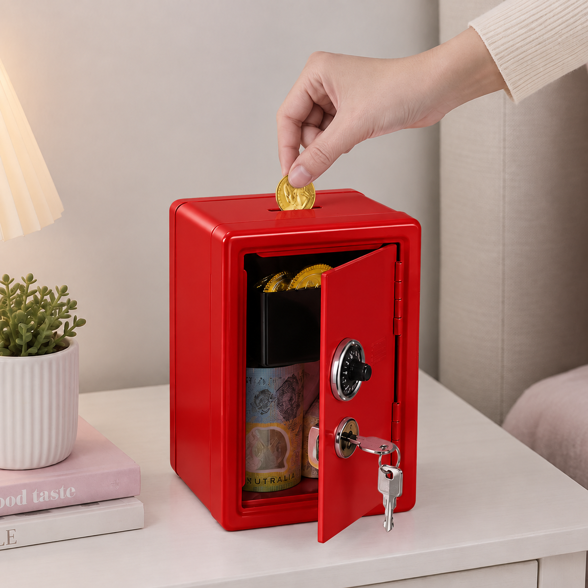 Lockable Metal Money Box, Cash & Coin Storage Box with Key Lock, Compact Piggy Bank for For Kids & Adults, Office & Small Valuables-Red