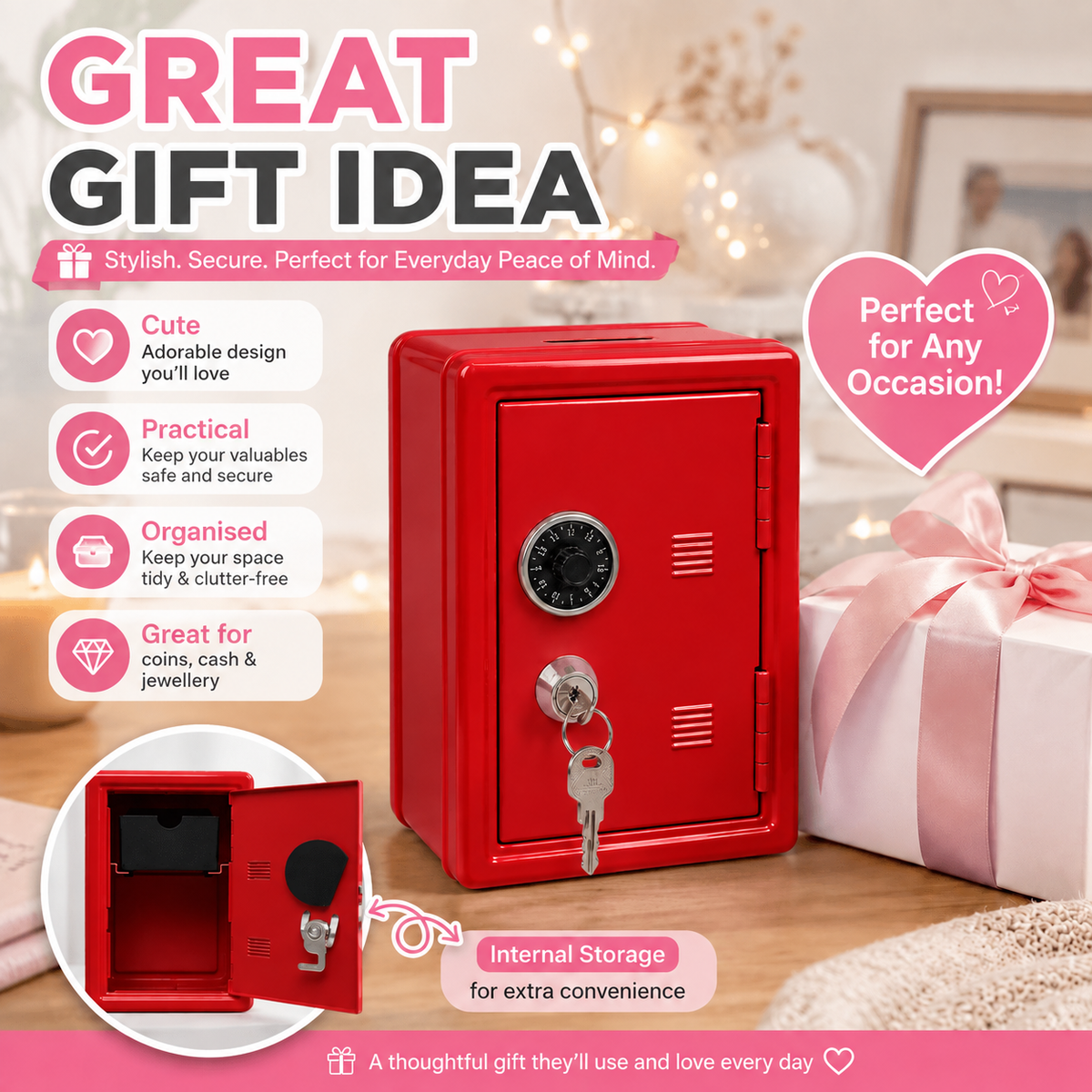 Lockable Metal Money Box, Cash & Coin Storage Box with Key Lock, Compact Piggy Bank for For Kids & Adults, Office & Small Valuables-Red