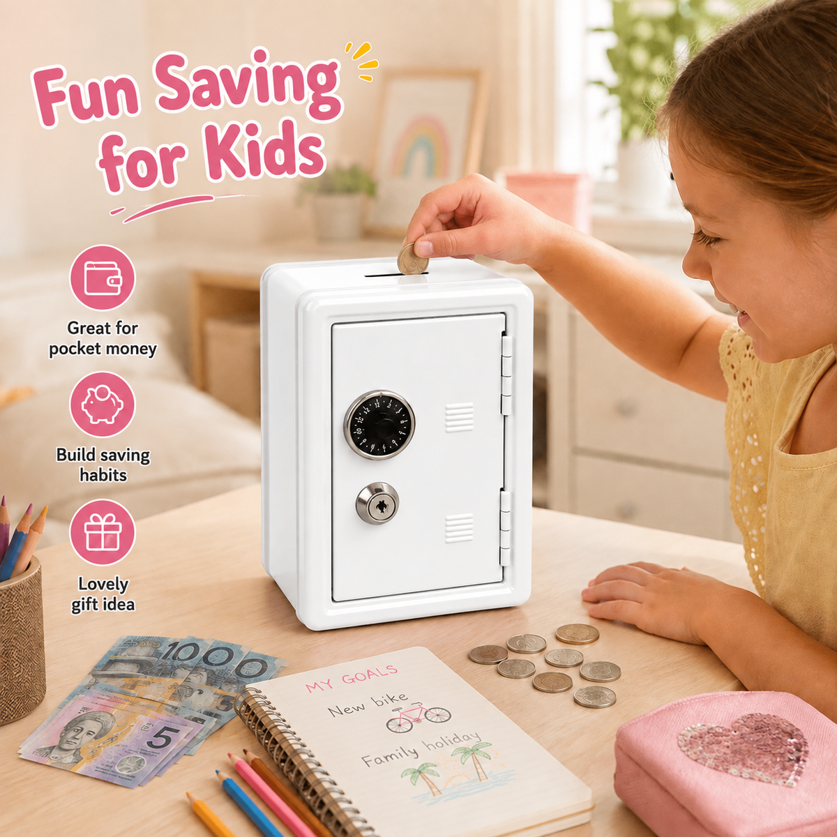 Lockable Metal Money Box, Cash & Coin Storage Box with Key Lock, Compact Piggy Bank for For Kids & Adults, Office & Small Valuables-White