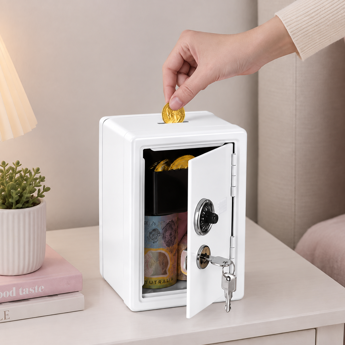 Lockable Metal Money Box, Cash & Coin Storage Box with Key Lock, Compact Piggy Bank for For Kids & Adults, Office & Small Valuables-White