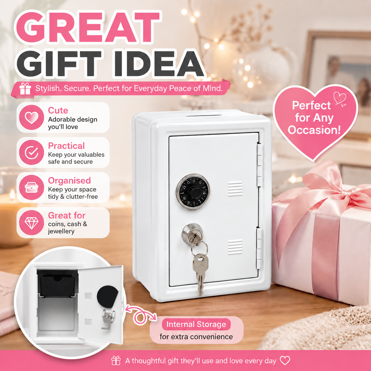 Lockable Metal Money Box, Cash & Coin Storage Box with Key Lock, Compact Piggy Bank for For Kids & Adults, Office & Small Valuables-White