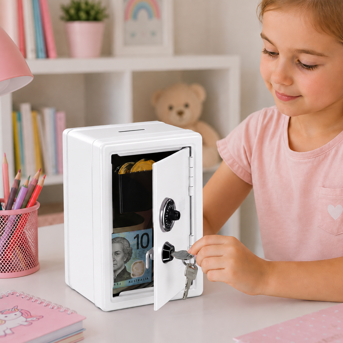 Lockable Metal Money Box, Cash & Coin Storage Box with Key Lock, Compact Piggy Bank for For Kids & Adults, Office & Small Valuables-White