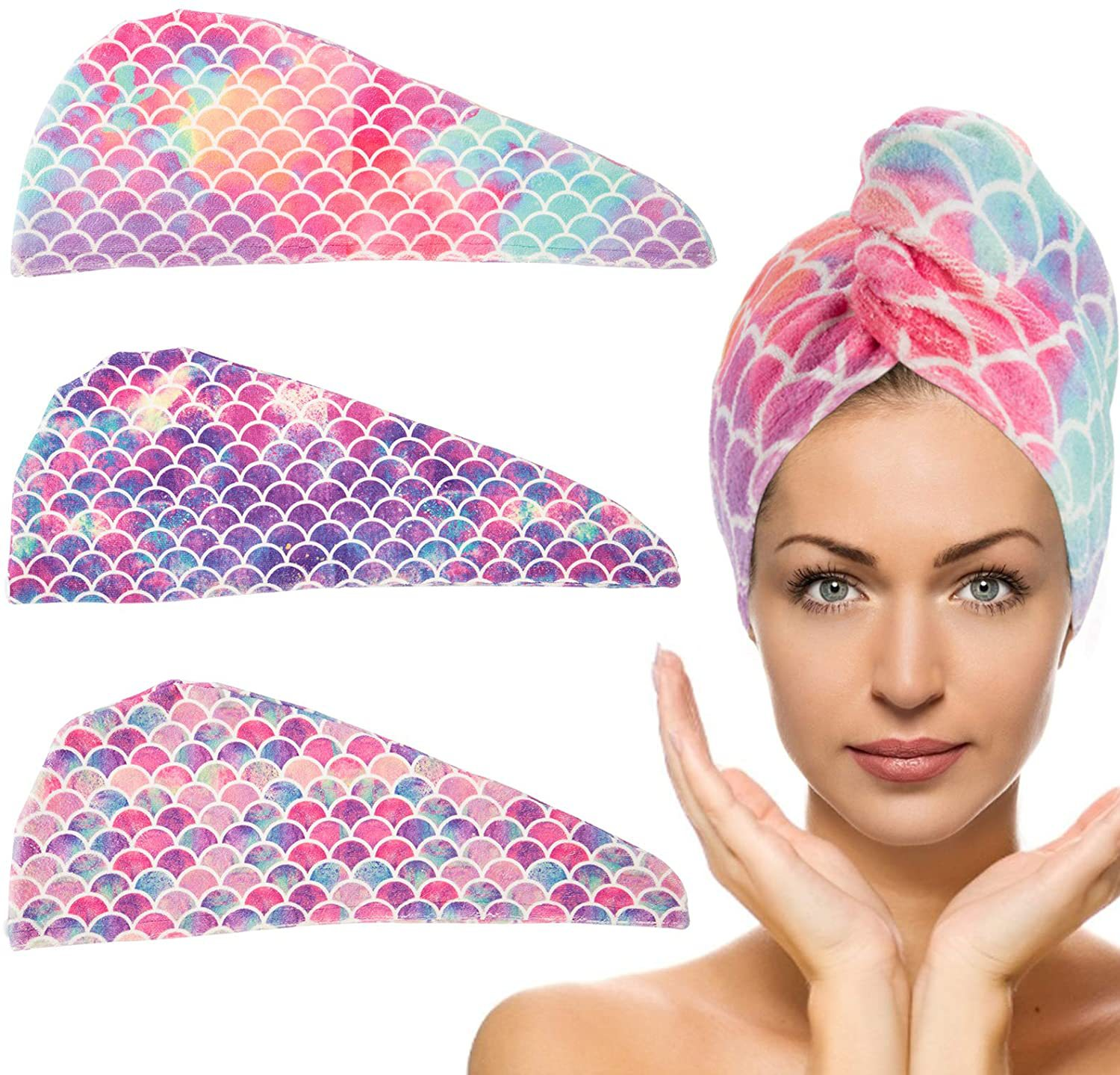 Fast Dry Microfiber Hair Drying Towel Turban Bath Head Wrap Hat Spa Fish Scales