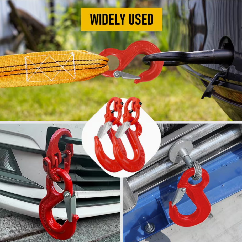 2SETS 2T Sling Hook With Hammerlock Heavy Duty Safety Latch Swivel Winch Hook For Trailer Safety Chain-Red