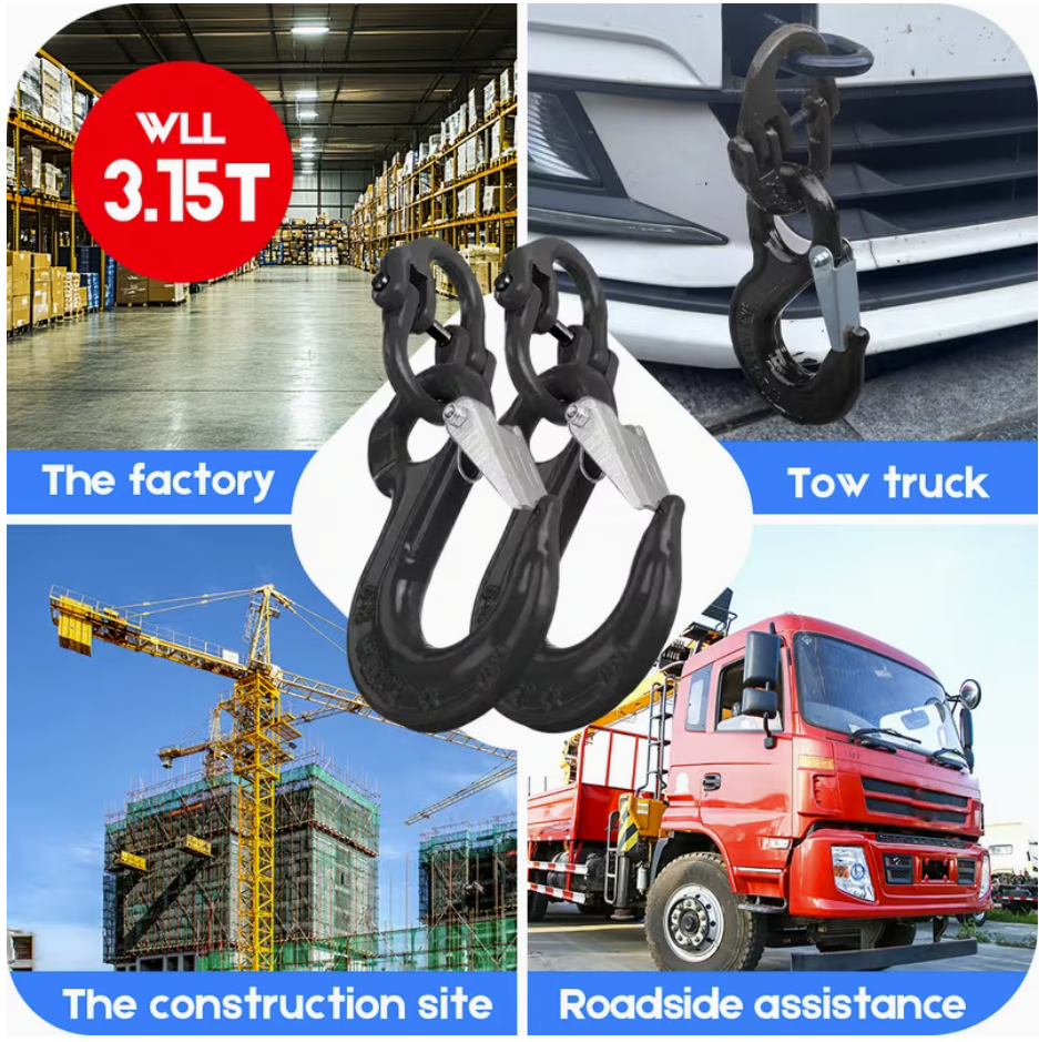 2SET 3.15T Sling Hook Heavy Duty Hammerlock/Slip Hook Kit With Swivel Winch & Safety Latch-Black