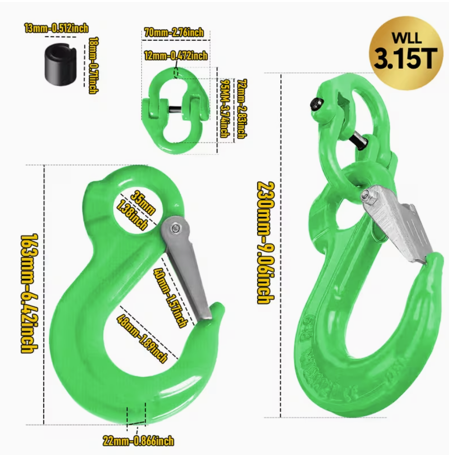 2SET 3.15T Sling Hook Heavy Duty Hammerlock/Slip Hook Kit With Swivel Winch & Safety Latch-Green
