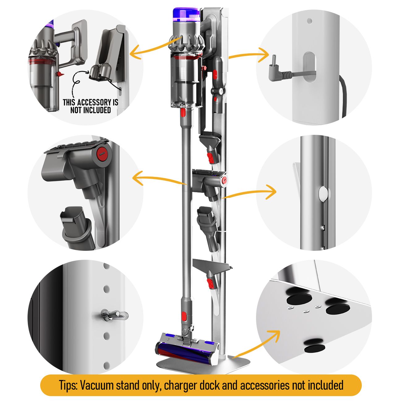 Freestanding Holder for Dyson Vacuum Stand â€“ Suitable for Dyson V6 V7 V8 V10 V11 V12 V15 Gen5 & DC series Vacuum Cleaners, Elegant & Stable Standing Dock Accessory Storage Stand for Dyson Stand