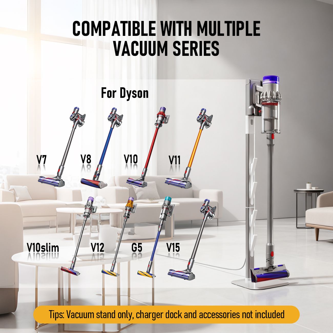 Freestanding Holder for Dyson Vacuum Stand â€“ Suitable for Dyson V6 V7 V8 V10 V11 V12 V15 Gen5 & DC series Vacuum Cleaners, Elegant & Stable Standing Dock Accessory Storage Stand for Dyson Stand