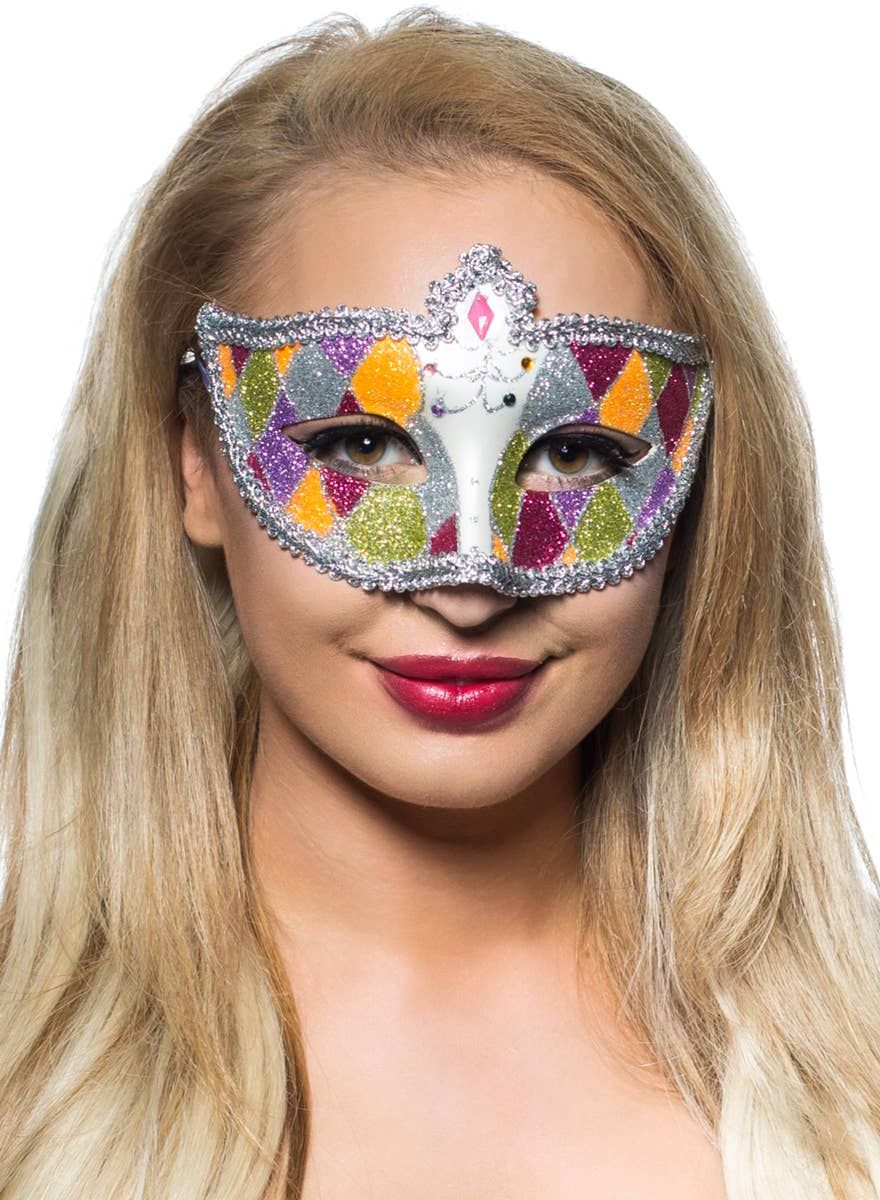 Harlequin Silver Braid and Glitter Venetian Masquerade Mask