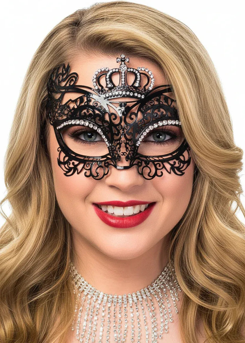 Crown Princess Black Metal Masquerade Mask with Diamantes