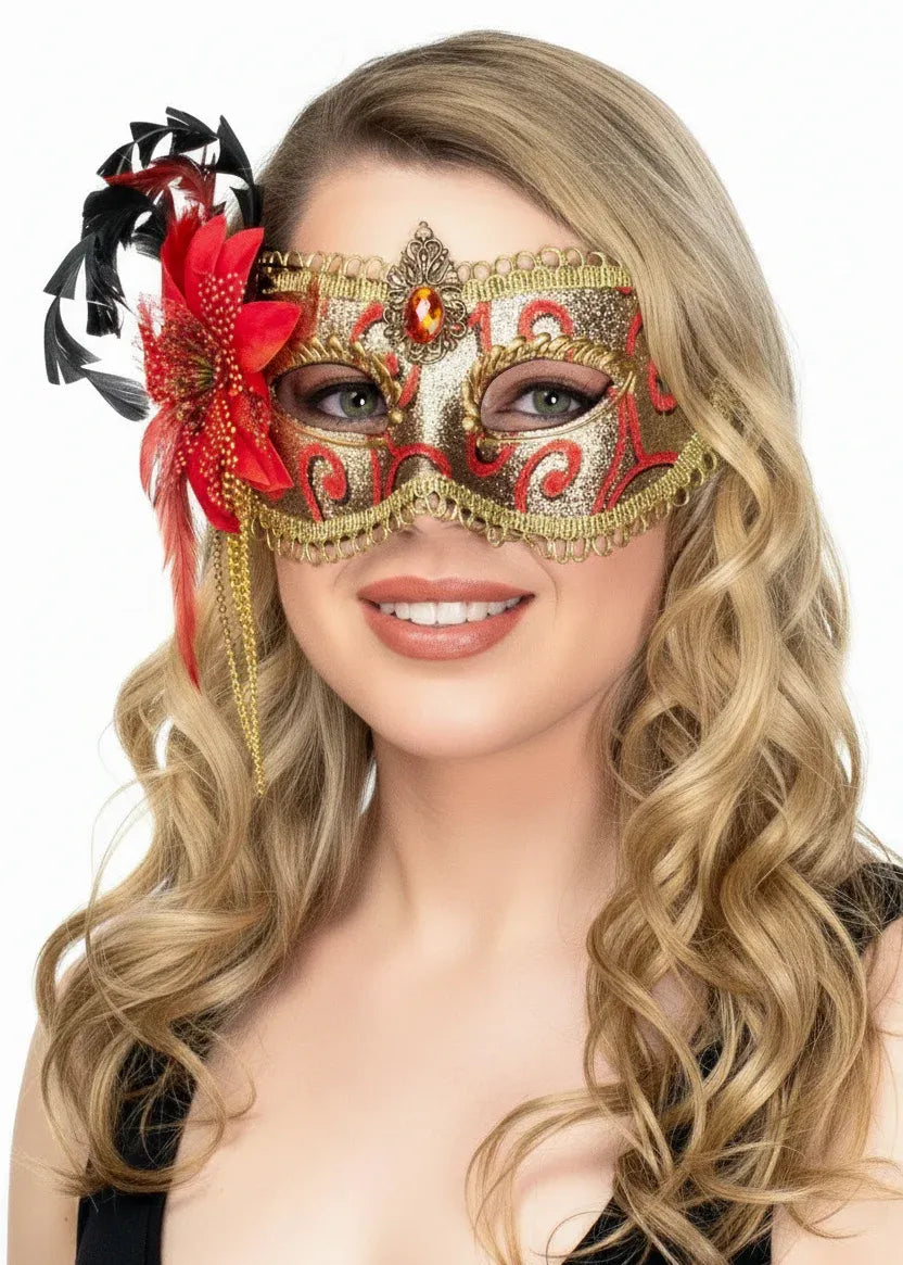 Side Flower Red and Gold Brocade Deluxe Masquerade Mask