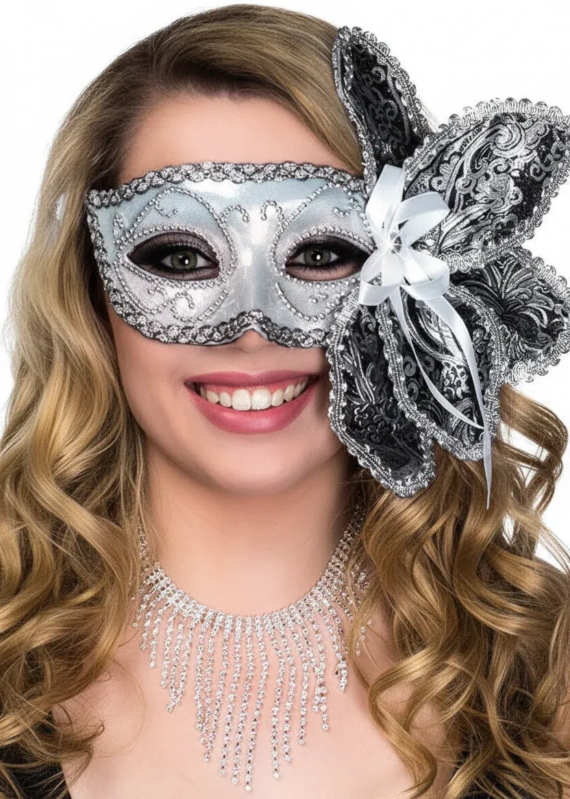 Brocade Side Flower Deluxe Silver Masquerade Mask