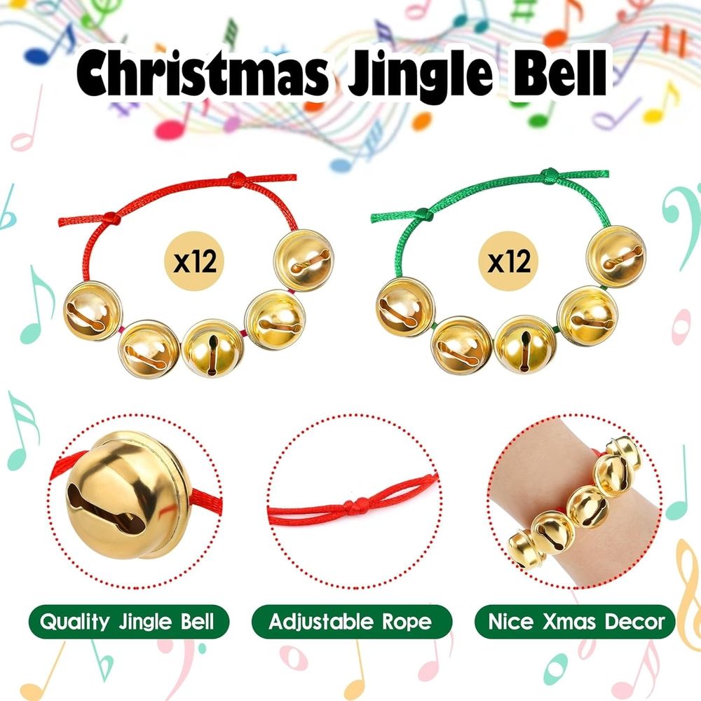 24PCS Christmas Jingle Bell Bracelets Adjustable Christmas Gift Bracelets with Metal Jingles for Holiday Party Favors