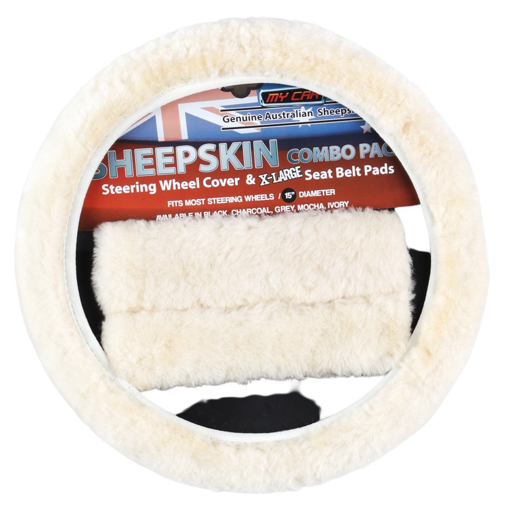 Automotive Decor: Sheepskin Steering Wheel Cover & Seat Belt Pads Combo Luxury - Ivory